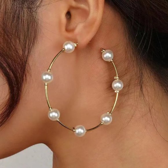 Gold & Pearl Round Hoop Earrings NEW - Picture 7 of 7